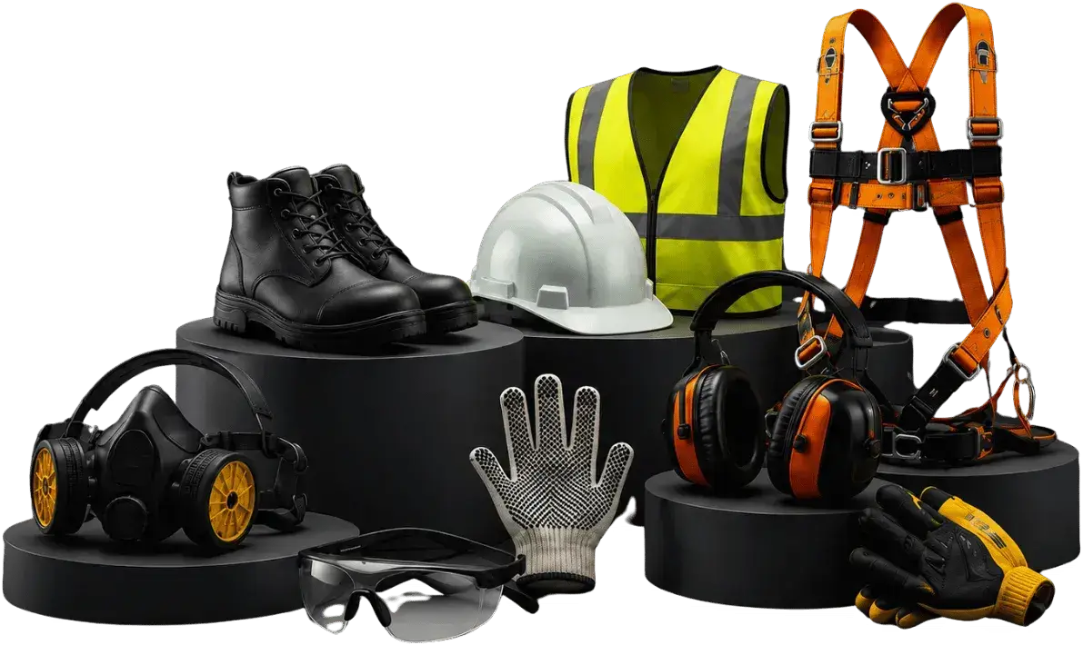 Linha completa de EPIs Seguretec: botas de seguranca, capacete, colete refletivo, cinto paraquedas, protetor auricular, luvas, oculos e mascara respiratoria