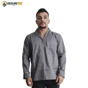 Camisa em Brim Cinza Gola Italiana Manga Longa Uniforme Profissional