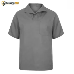 Camisa em Brim Cinza Gola Italiana Manga Curta Uniforme Profissional
