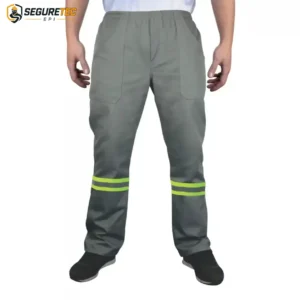 Calça Brim Pesado Cinza Uniforme Profissional com Faixa Refletiva