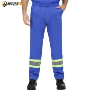 Calça Brim Pesado Azul Royal Uniforme Profissional com Faixa Refletiva