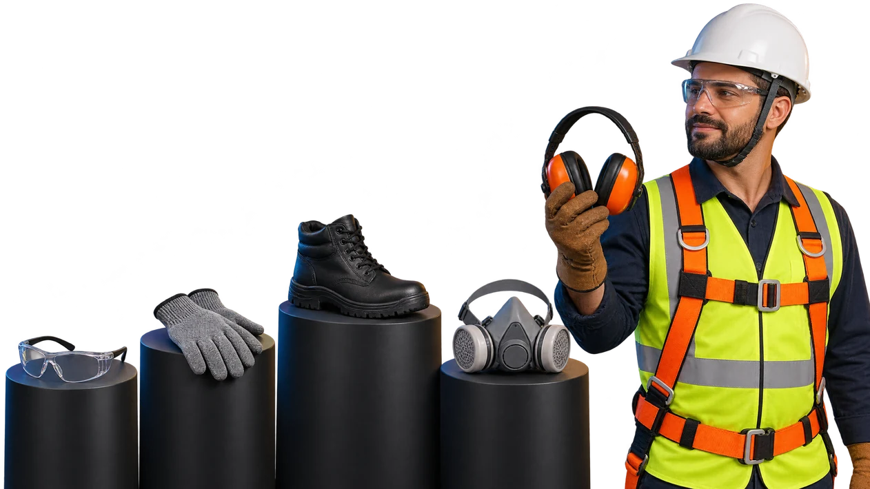 Linha completa de EPIs Seguretec: botas de seguranca, capacete, colete refletivo, cinto paraquedas, protetor auricular, luvas, oculos e mascara respiratoria
