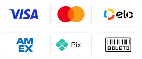 Visa, Mastercard, Elo, American Express, Pix e boleto
